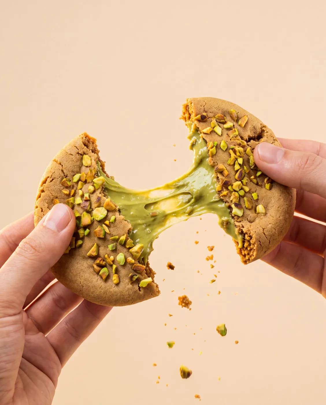 Depois: cookie de pistache partido ao meio com o recheio esticando, foto de campanha feita com IA